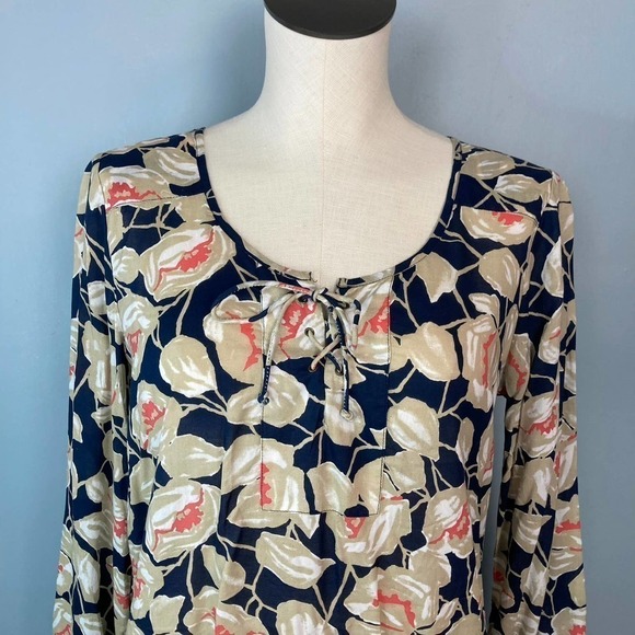 Lucky Brand Floral Vine Lace Up Neckline Peasant Blouse Navy Blue Tan Size M - Picture 2 of 16